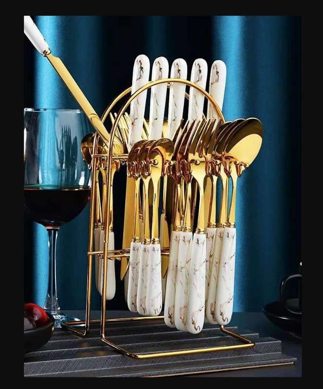 24pcs Gold Dinnerware Flatware Set with Marbled Ceramic Handle & Holder - White