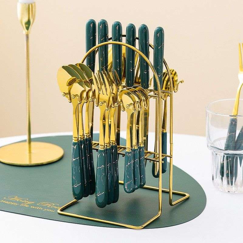 24pcs Gold Dinnerware Flatware Set with Marbled Ceramic Handle & Holder - White