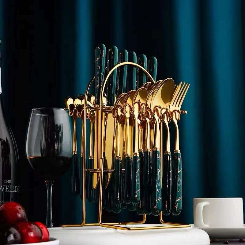 24pcs Gold Dinnerware Flatware Set with Marbled Ceramic Handle & Holder - White