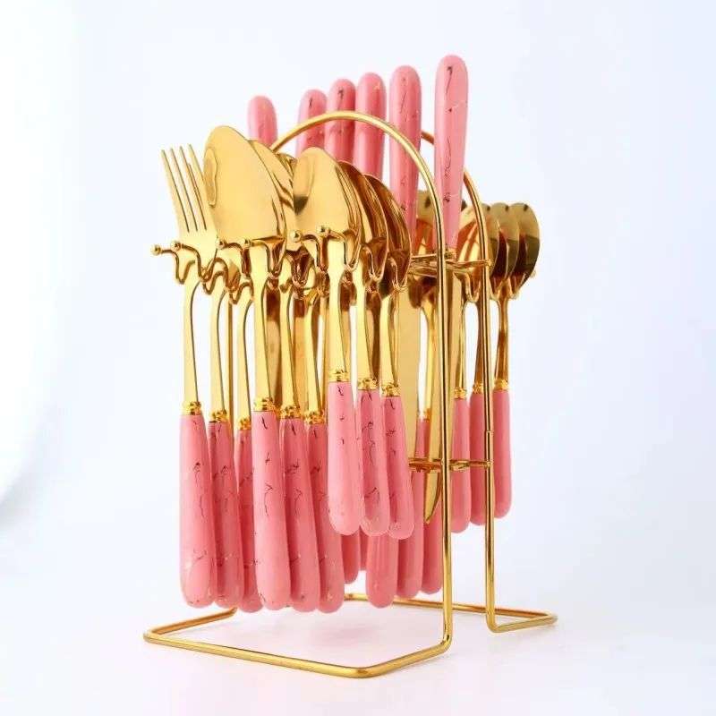 24pcs Gold Dinnerware Flatware Set with Marbled Ceramic Handle & Holder - White