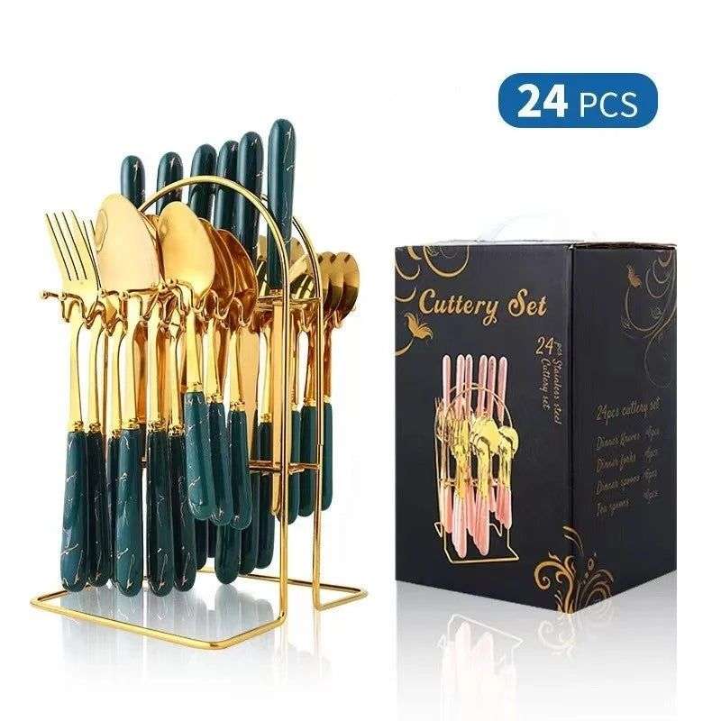 24pcs Gold Dinnerware Flatware Set with Marbled Ceramic Handle & Holder - White