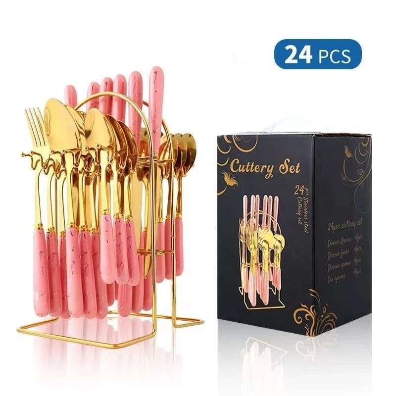 24pcs Gold Dinnerware Flatware Set with Marbled Ceramic Handle & Holder - White