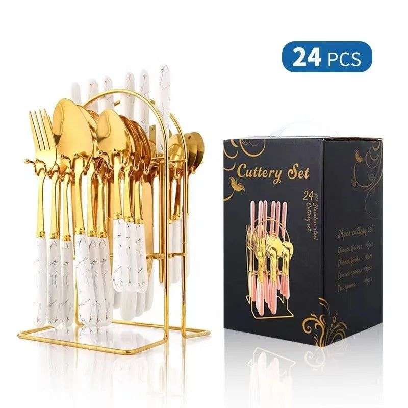 24pcs Gold Dinnerware Flatware Set with Marbled Ceramic Handle & Holder - White