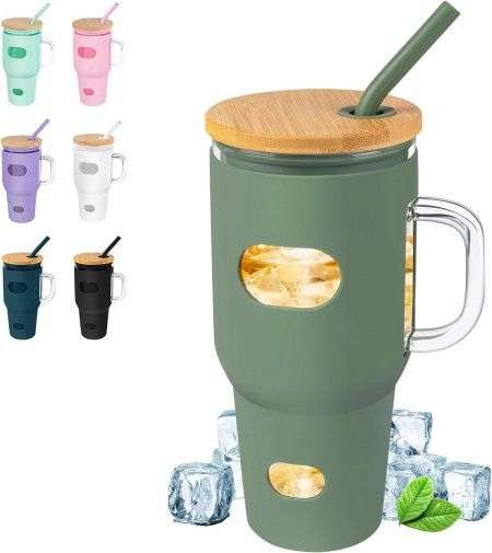 ZS - 1200ml Travel Glass Cup Hot and Cold with Straw - Pink (without handle)