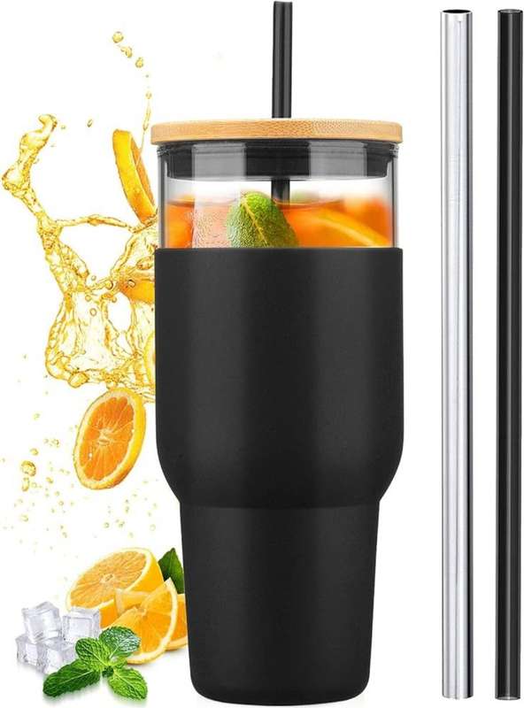ZS - 1200ml Travel Glass Cup Hot and Cold with Straw - Pink (without handle)