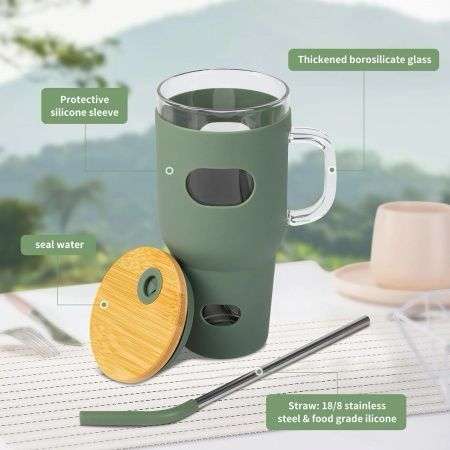 ZS - 1200ml Travel Glass Cup Hot and Cold with Straw - Pink (without handle)