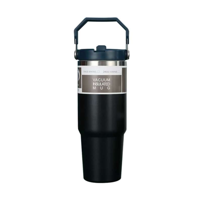 ZS - 890ml/300oz Thermal Insulated Travel Mug with Carry Handle and Straw - Black