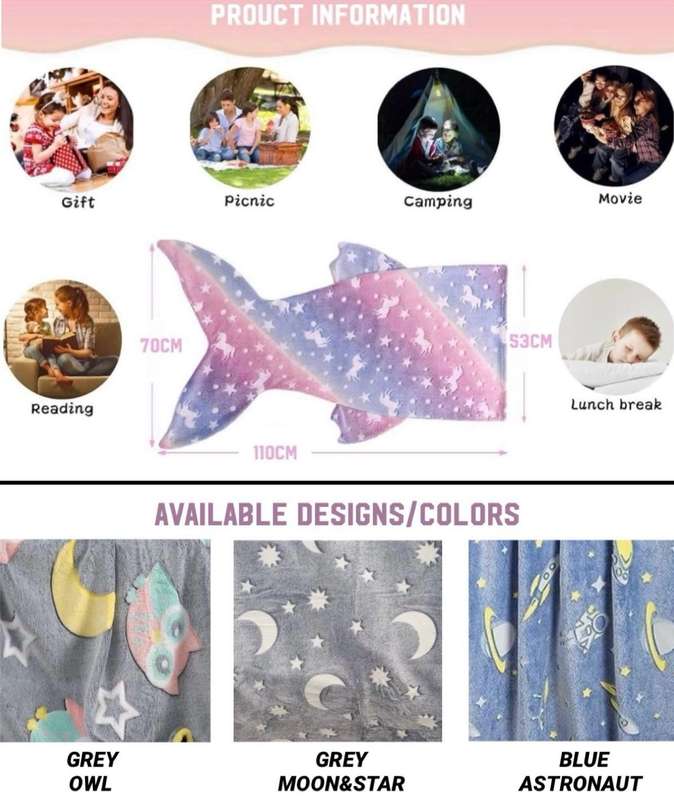 ZS - Kiddies Mermaid Glow Blanket - Blue (Dino