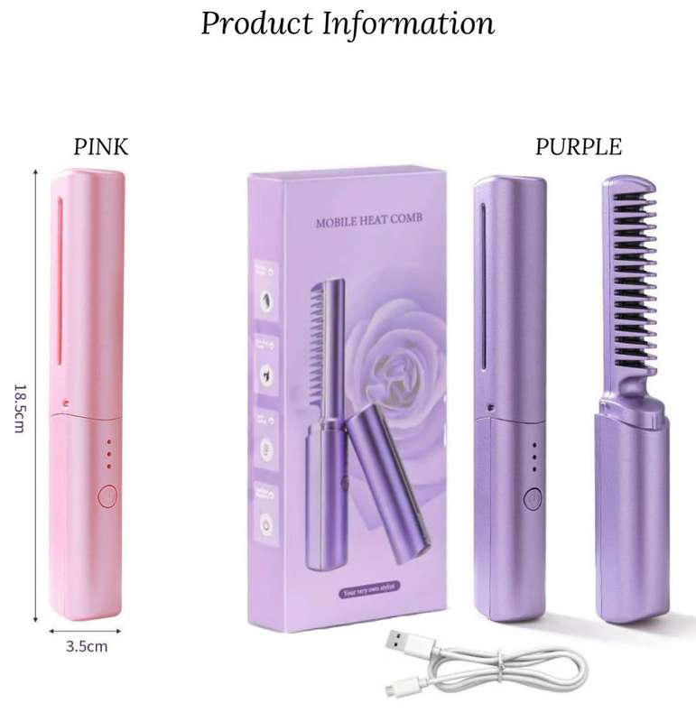 ZS -  Portable Rechargeable Travel Heat Comb Hair Straightener - Purple