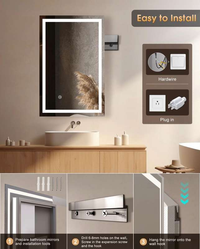 ZS - Frameless Bathroom Mirror Glass 110 x 70 cm with LED lighting