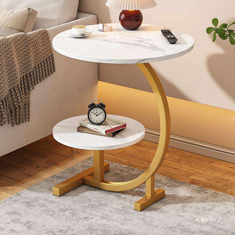 ZS - C-SHAPED 2 Tier Chic SIDE TABLE ROUND - White Marble with Black Frame
