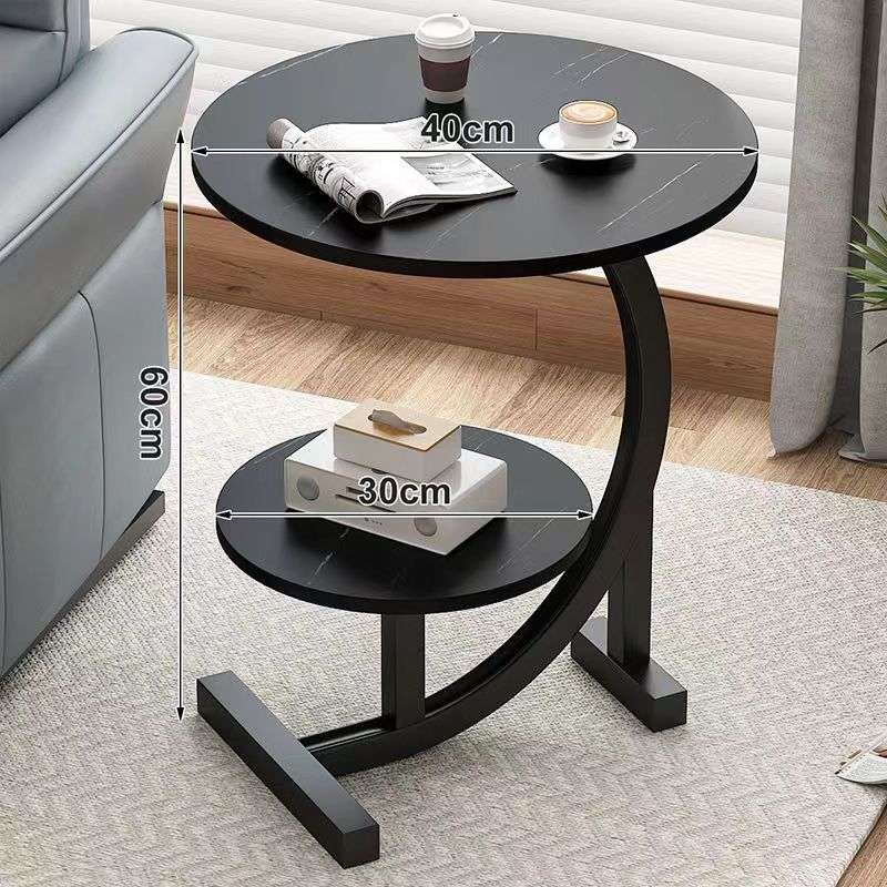 ZS - C-SHAPED 2 Tier Chic SIDE TABLE ROUND - White Marble with Black Frame