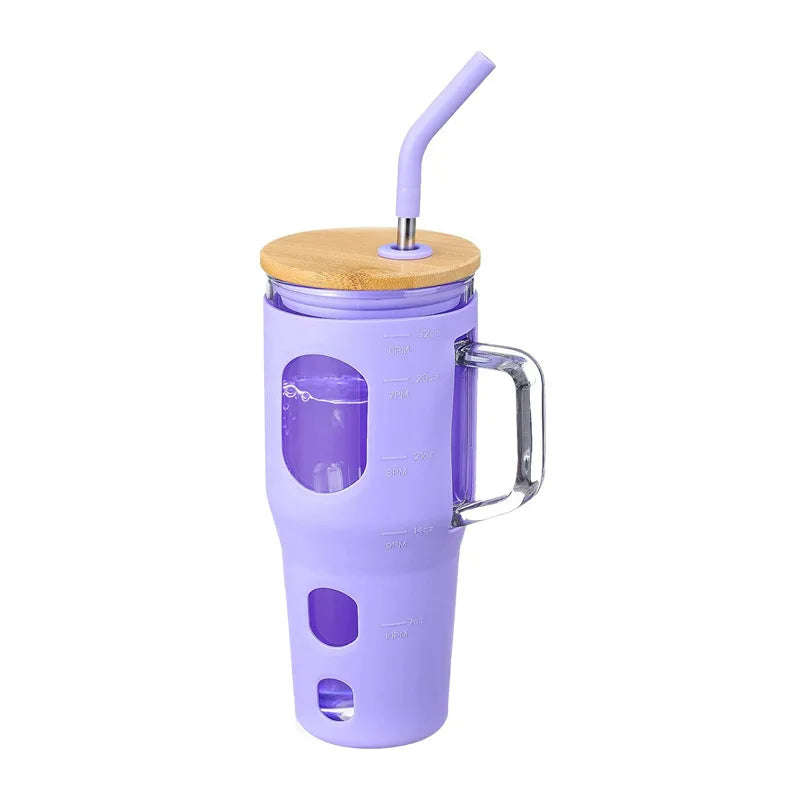 ZS - 1200ml Travel Glass Cup Hot and Cold with Straw - Pink (without handle)