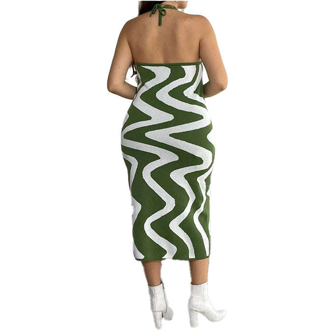 Vibrant Olive Green Wave Print Midi Dress
