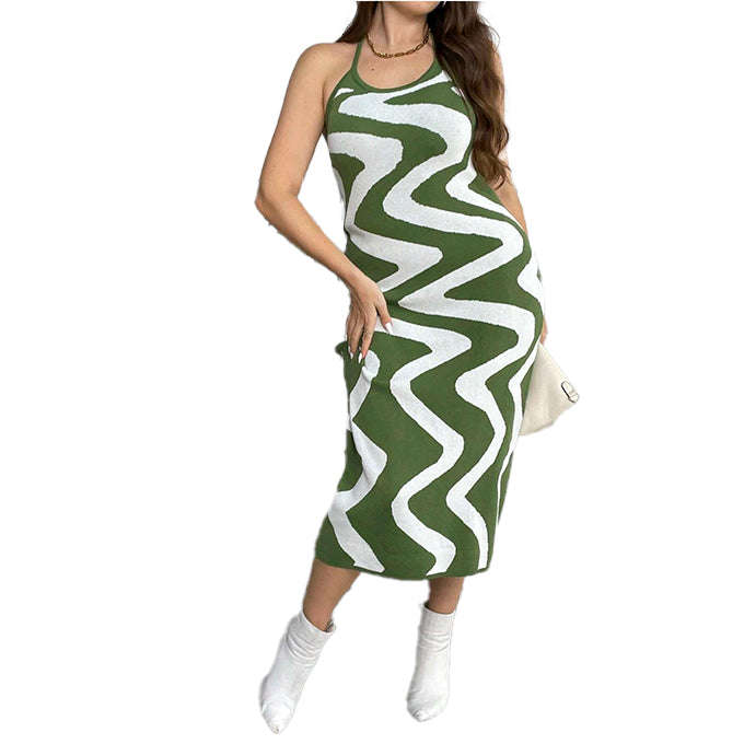 Vibrant Olive Green Wave Print Midi Dress