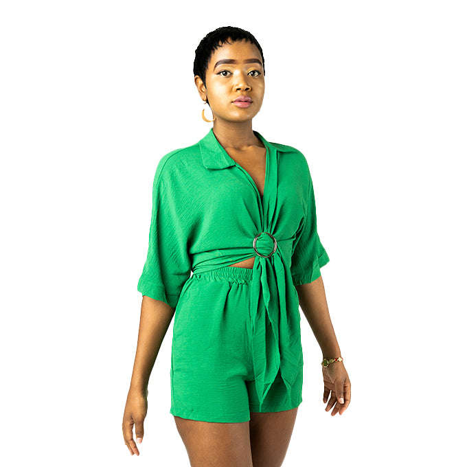 Vibrant Green Romper with Waist Cinch Green