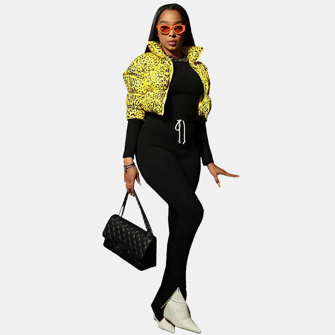 Down Cropped Puffer Jacket Women Leopard Print Yellow