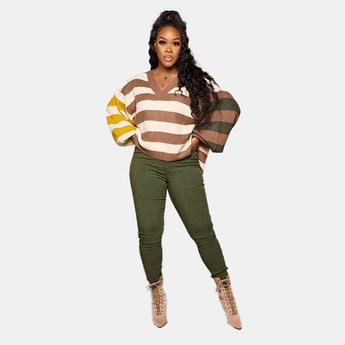 Sassy Striped Oversized Women Sweater Brown