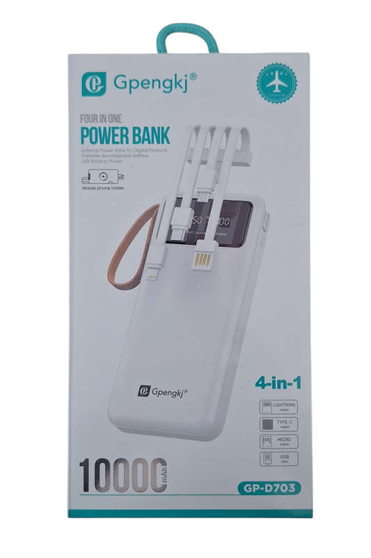 Ultimate 10000mAh 4-in-1 Power Bank  Fast Charging, Multi-Device Compatibility & Compact Design