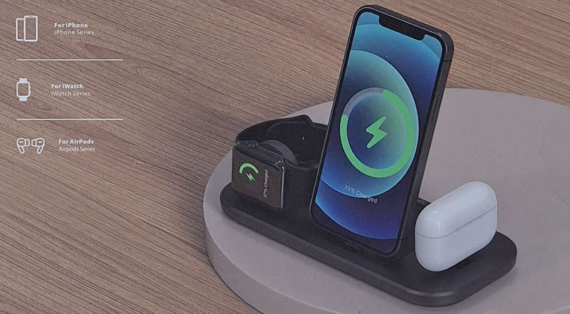 3-in-1 Wireless Charging Dock Station for iPhone, Apple Watch & AirPods - BLACK