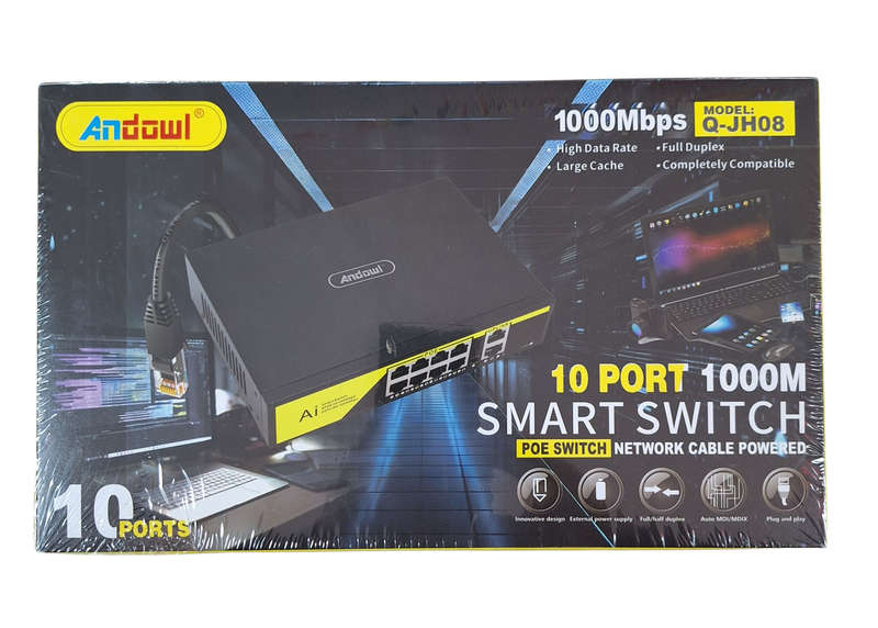 Andowl Q-JH08 10-Port 100M PoE Smart Network Switch for Efficient Power & Data Sharing