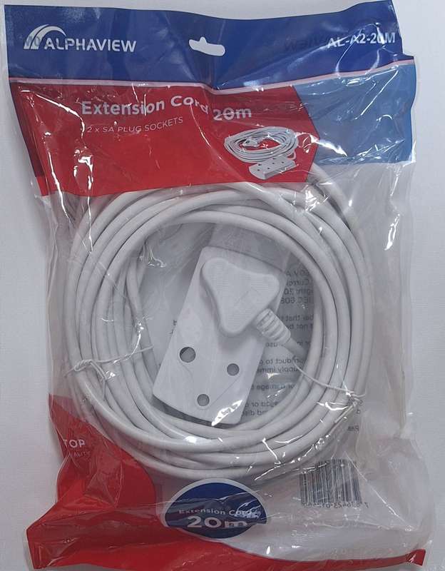 White 2 x SA Plug Sockets Extension Cord 20m  Durable and Reliable Power Solution 16A 250v AC