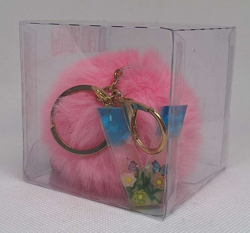 Custom Resin Letter Keychain With a Pink Pom Pom - V
