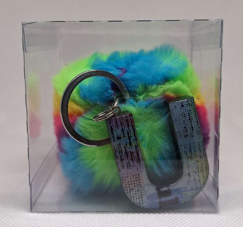 Custom Resin Letter Keychain With a Rainbow Pom Pom - U