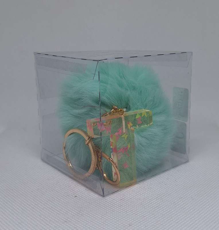 Custom Resin Letter Keychain With a Turquoise Pom Pom - T
