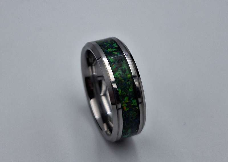 Tungsten Metal 8mm Ring With Crushed Opals - Size 10