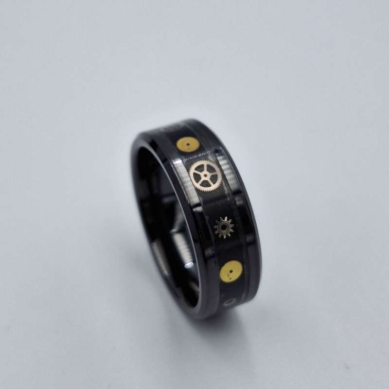 Custom Handmade Black Ceramic 8mm Ring With  Clock Components - Size 11
