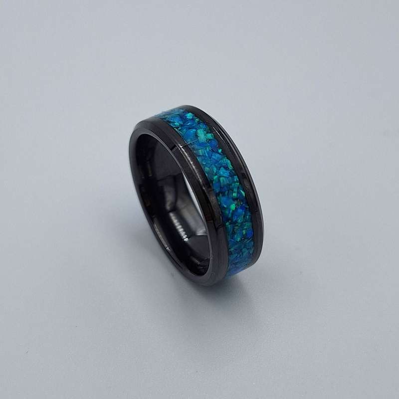 Custom Handmade Black Ceramic 8mm Ring With Crushed Opals - Size 10