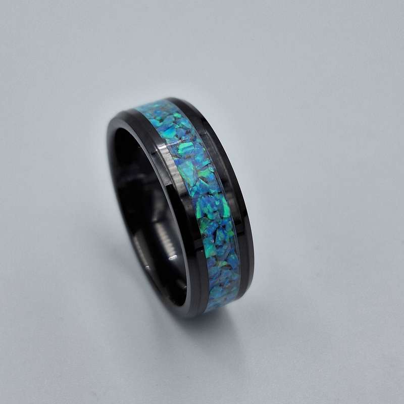 Custom Handmade Black Ceramic 8mm Ring With Crushed Opals - Size 12