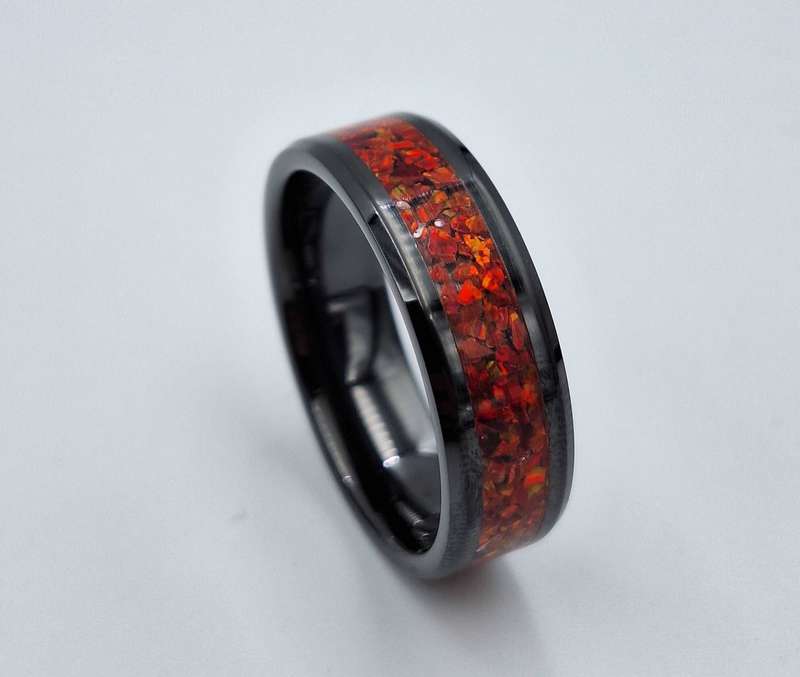 Custom Handmade Black Ceramic 8mm Ring With Crushed Opals - Size 14