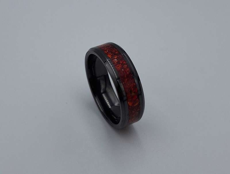 Custom Handmade Black Ceramic 8mm Ring With Crushed Opals - Size 14