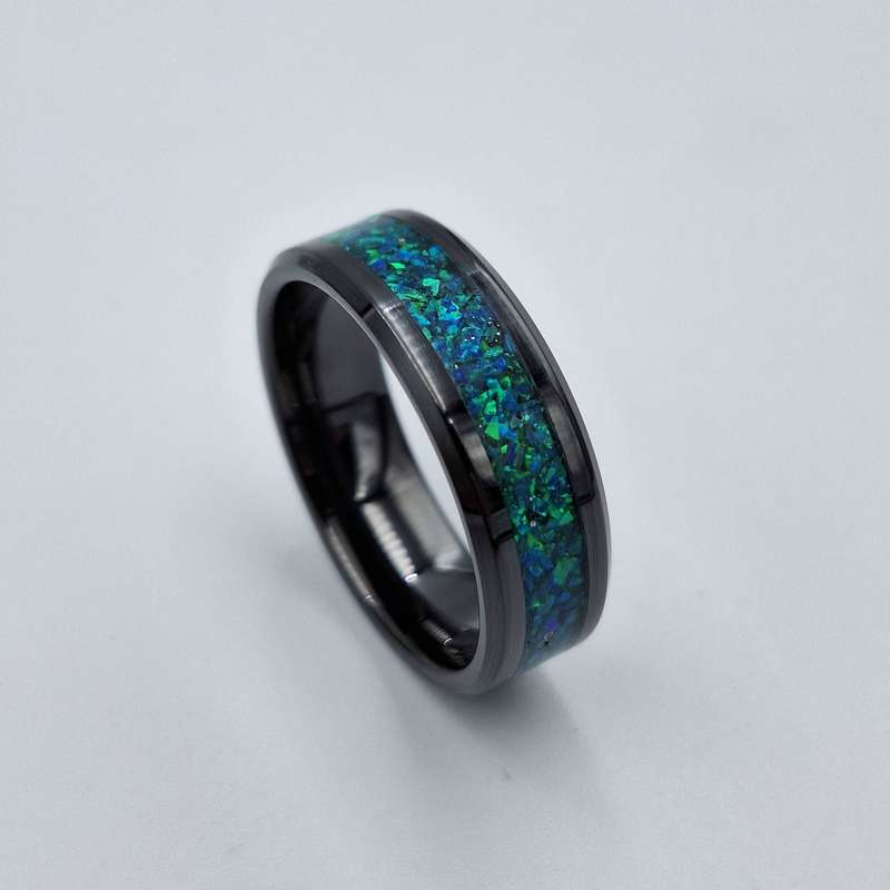 Custom Handmade Black Ceramic 8mm Ring With Crushed Opals - Size 14