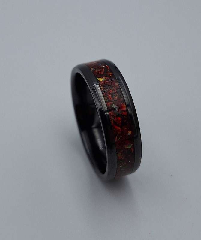Custom Handmade Black Ceramic 8mm Ring With Crushed Opals - Size 15