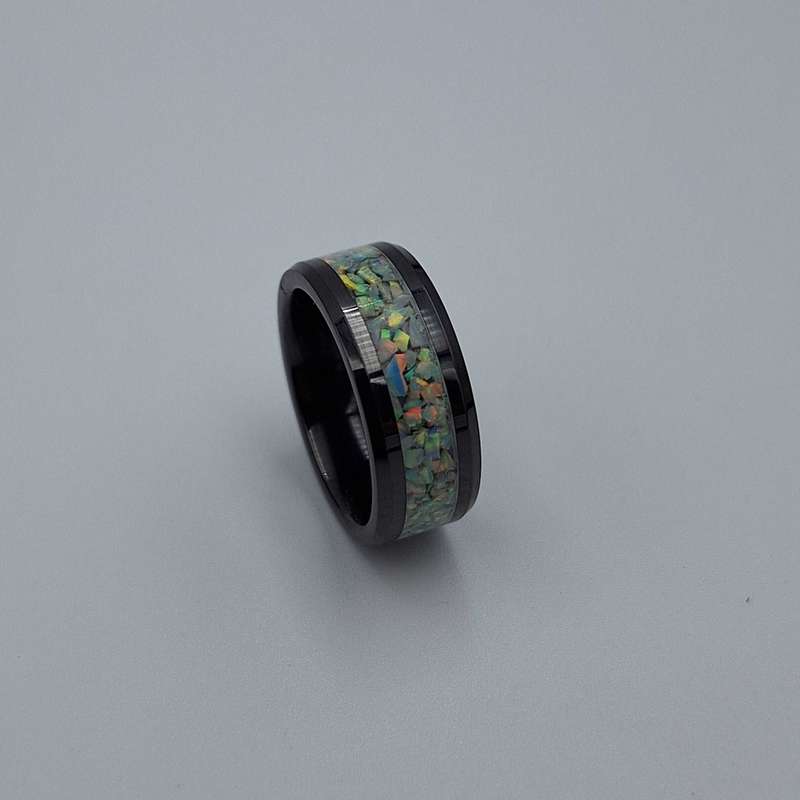 Custom Handmade Black Ceramic 8mm Ring With Crushed Opals - Size 7