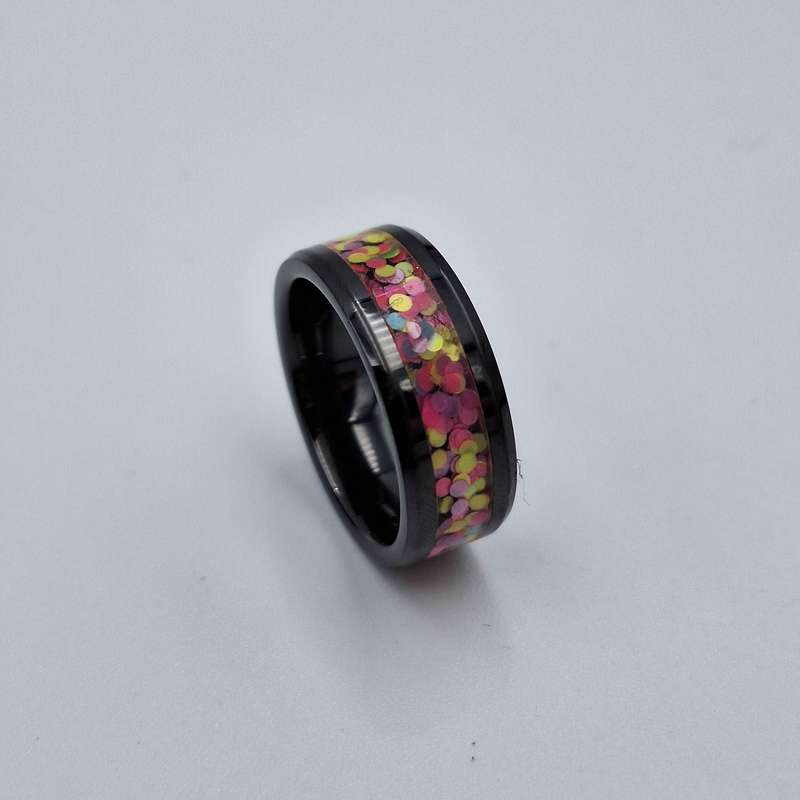 Custom Handmade Black Ceramic 8mm Ring With Resin Inlay  - Size 13