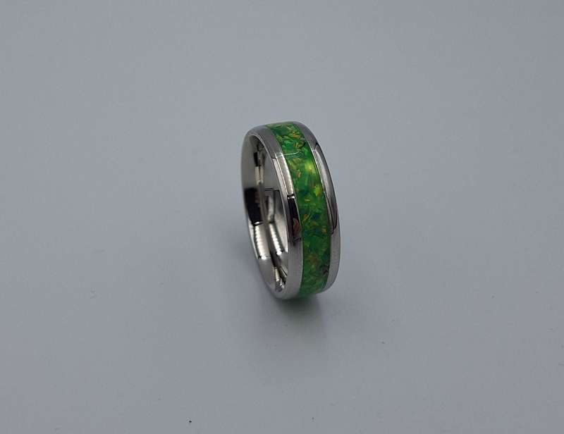 Custom Handmade Stainless Steel 8mm Ring With Crushed Opals - Size 14