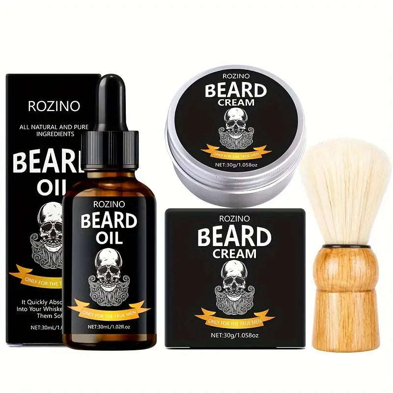 3pcs Beard Essential Oil Balm And Brush Combination Set