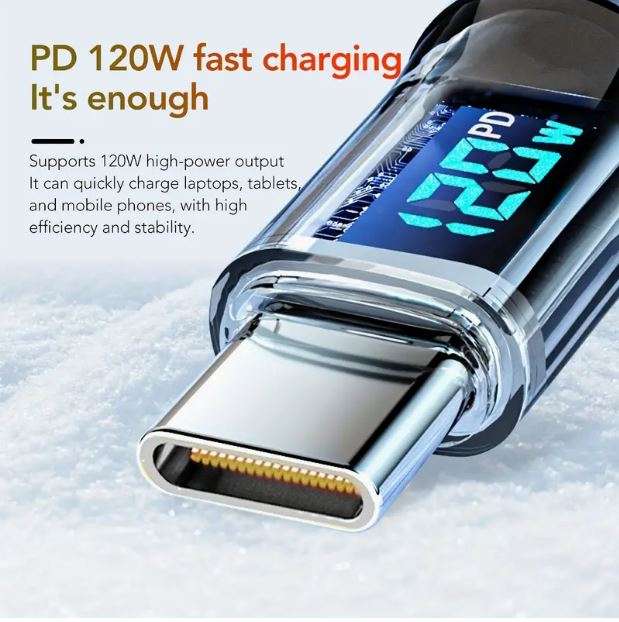 1m 120W Powerhouse Charge Cable - 6Amp Super Fast with Real-Time LCD Display - Durable USB PD Type C