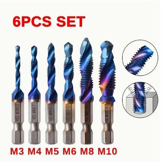 6pcs Titanium Plated Hex Shank HSS Screw Thread Metric Tap Drill Bits
