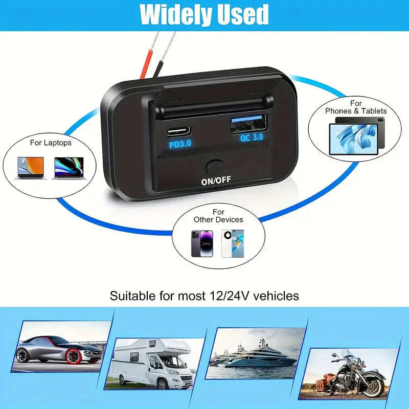 2Pc 54Watt 12V/24V USB Outlet Dual Quick Charge PD3.0 + Type-C (USB C) & QC3.0