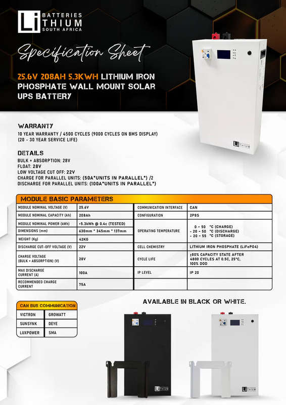 LBSA 25.6V 208Ah 5.3kWh LiFePO4 Battery Wall Mount White