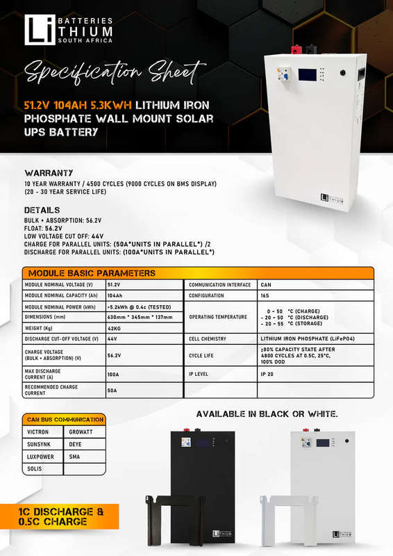 LBSA 51.2V 104Ah 5.3kWh LiFePO4 Battery Wall Mount White