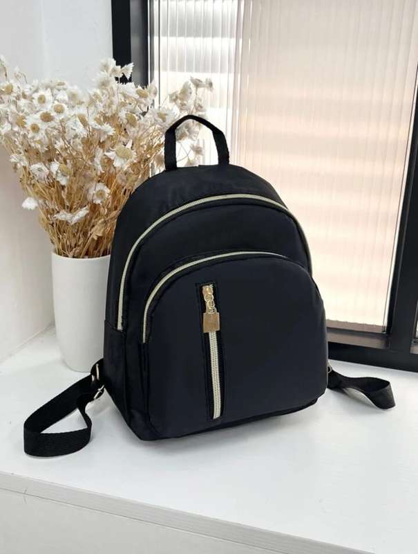 Mini Nylon Backpack with Vertical Zipper - Black