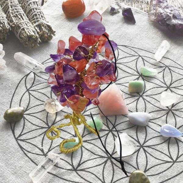 Amethyst & Cherry Quartz Gem Tree Rearview Mirror Charm