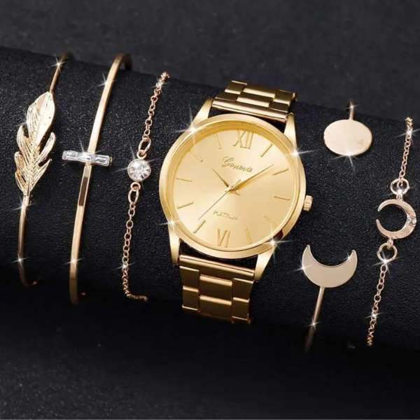 Celestial Radiance: Gold-Plated Watch & Bracelet Set