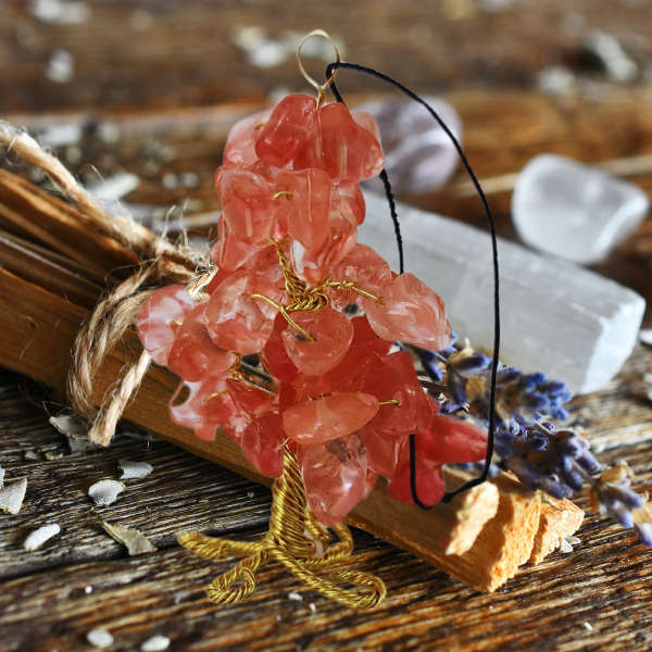Cherry Quartz Gem Tree Rearview Mirror Charm